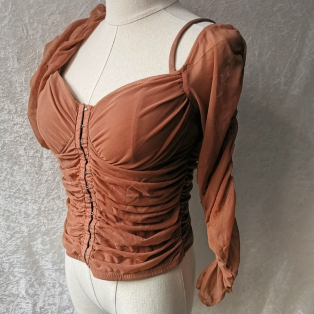 Moa Moa Sheer Mesh Brown Ruched Women's Top bustier Co hook front off shoulder